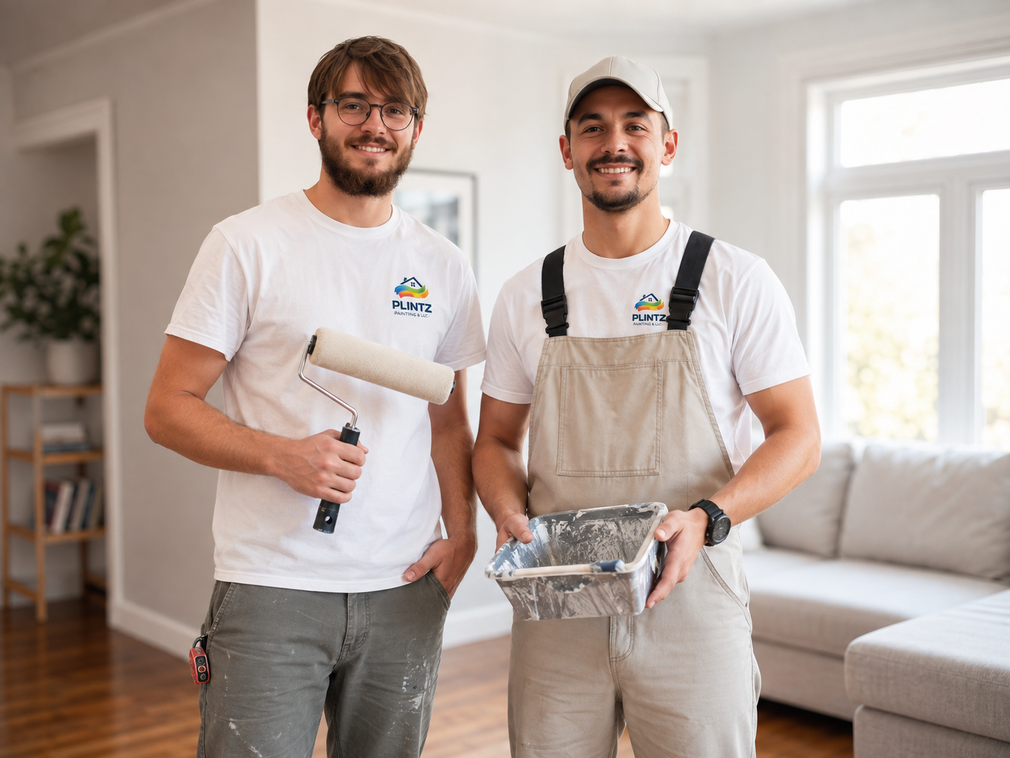Two Plintz Painting team members ready to work in a freshly painted home