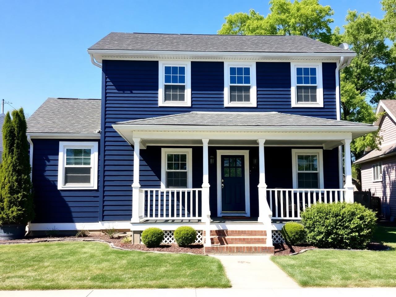 House exterior after repainting with deep navy siding and white trim