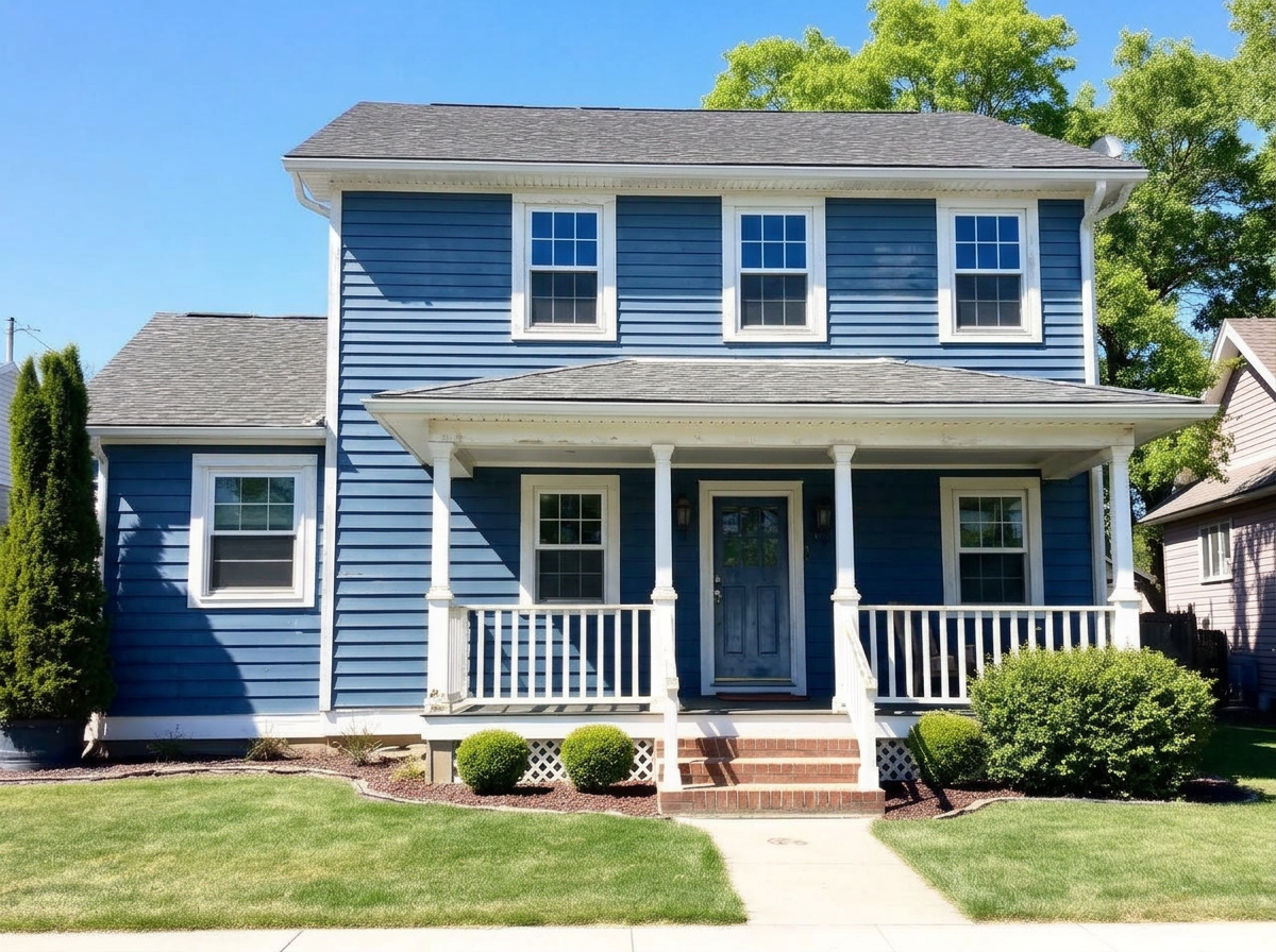 Cared-for house exterior before repainting with lightly faded blue siding and weathered trim