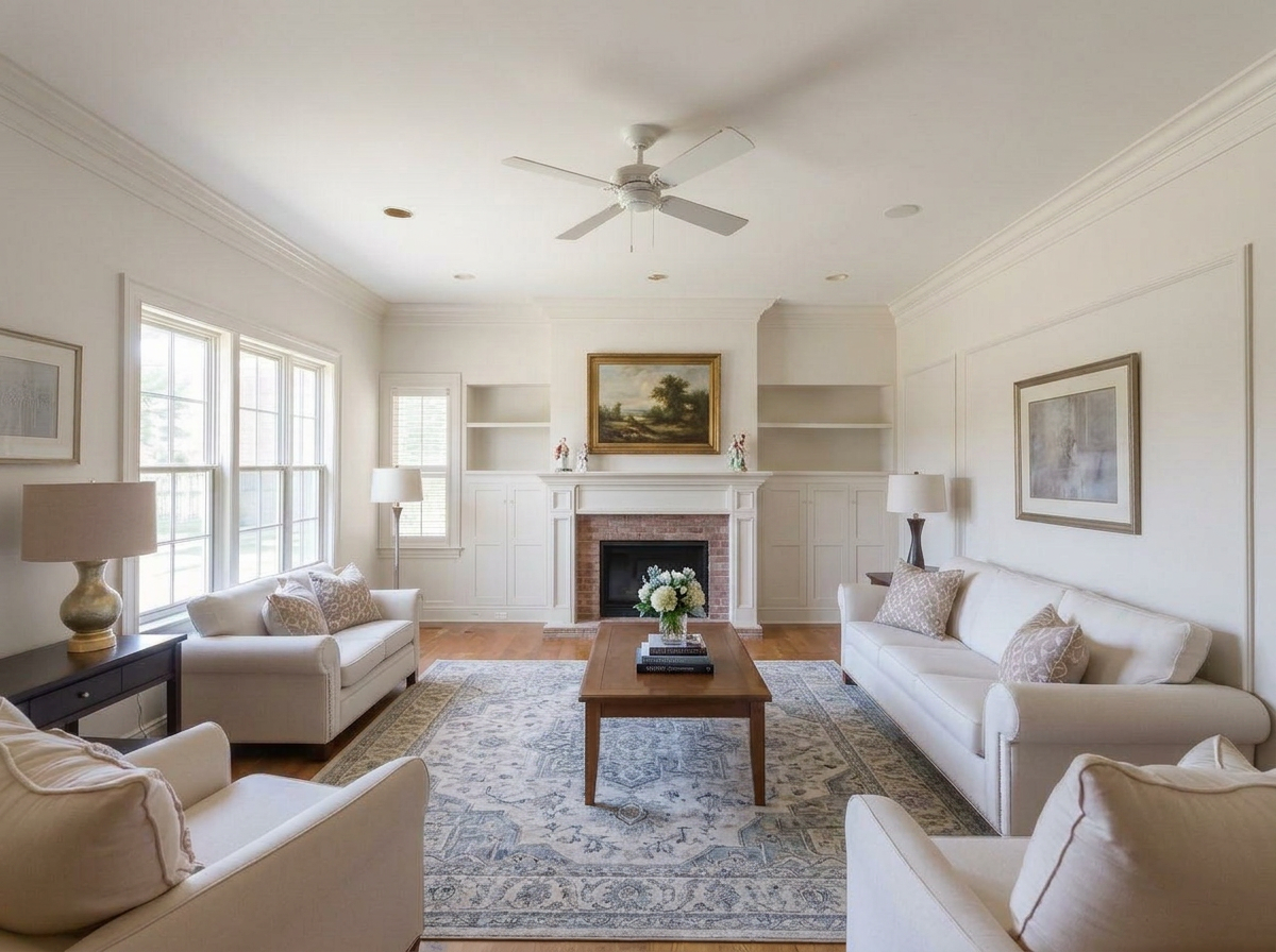 Same living room after renovation with freshly painted walls, framed art, and a patterned rug
