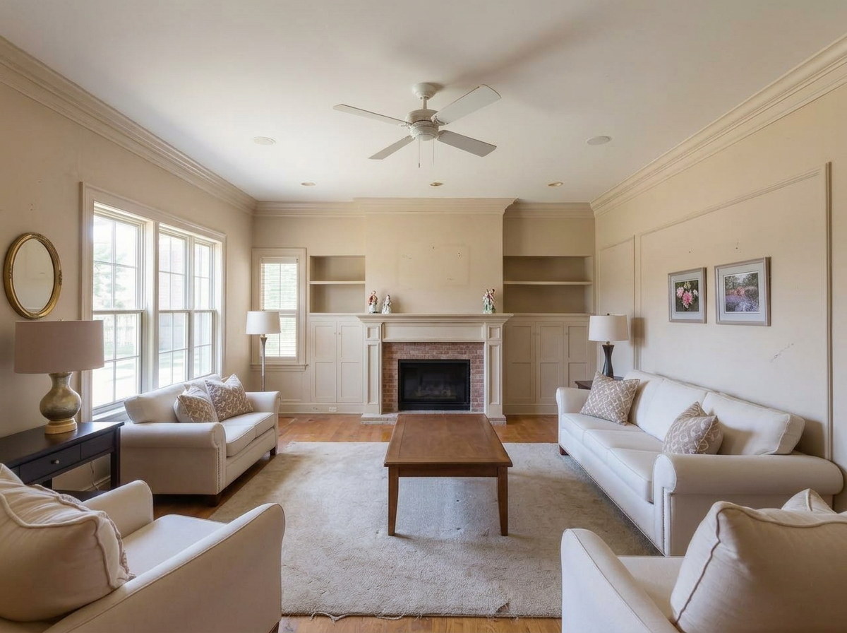 Living room before renovation with dated beige walls, simple decor, and a plain rug
