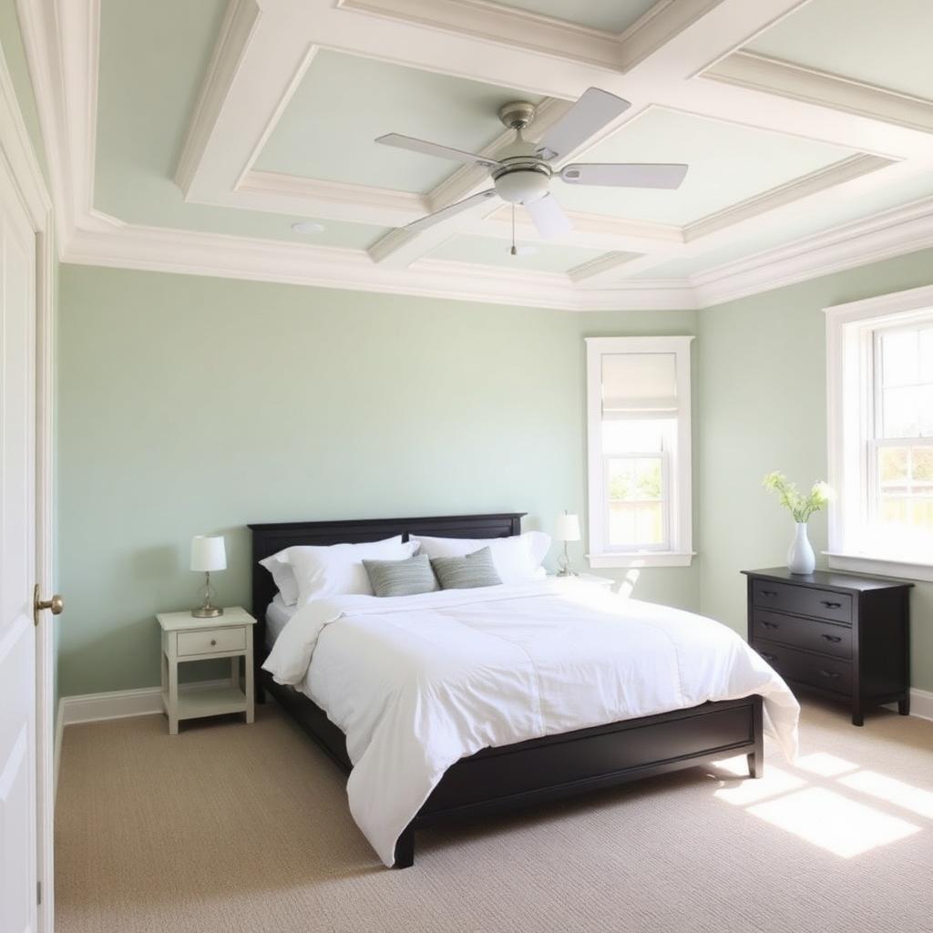 Bedroom freshly painted in soft sage green with white trim