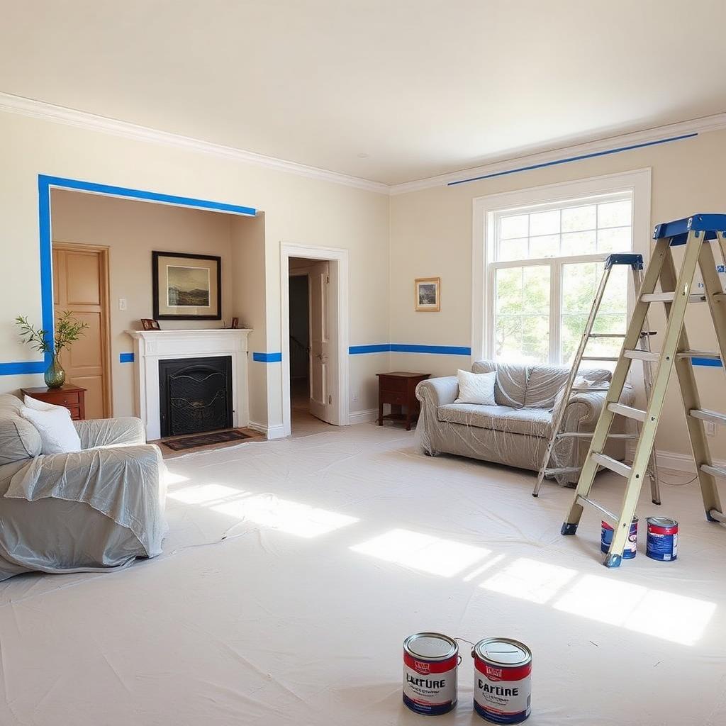 Living room masked and covered with drop cloths before painting